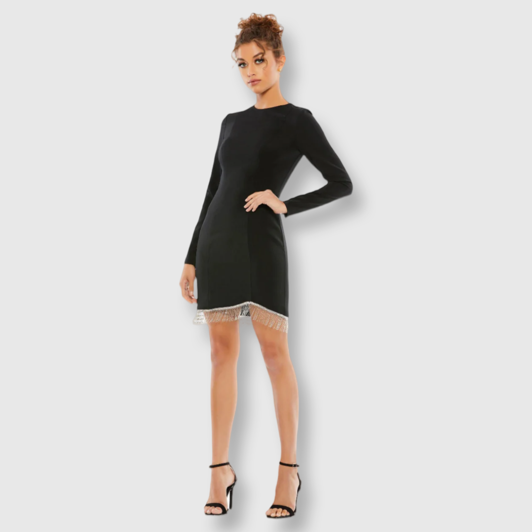 Long Sleeve Asymmetrical Beaded Fringe Hem Mini Dress, 26679 Long Sleeve Asymmetrical Beaded Fringe Hem Mini Dress, 26679