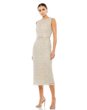 Mac Duggal Sleeveless High Neck Beaded Midi Sheath Dress, Nude, 5471