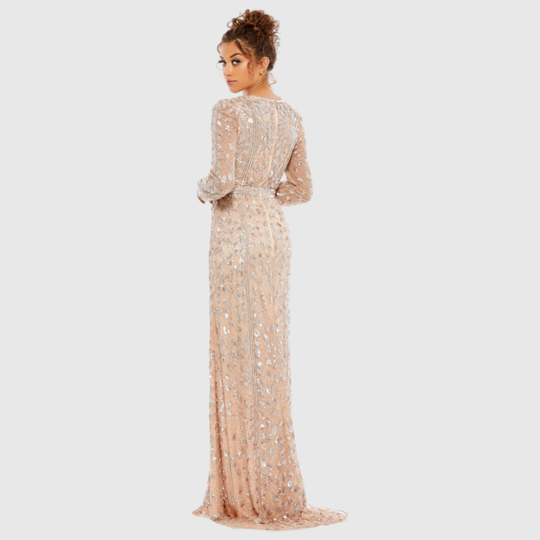 Navy Embellished Front Slit Long Sleeve Gown, 5002