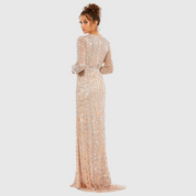 Navy Embellished Front Slit Long Sleeve Gown, 5002