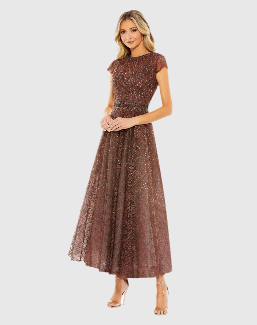 Embellished Cap Sleeve A Line Dress 20371