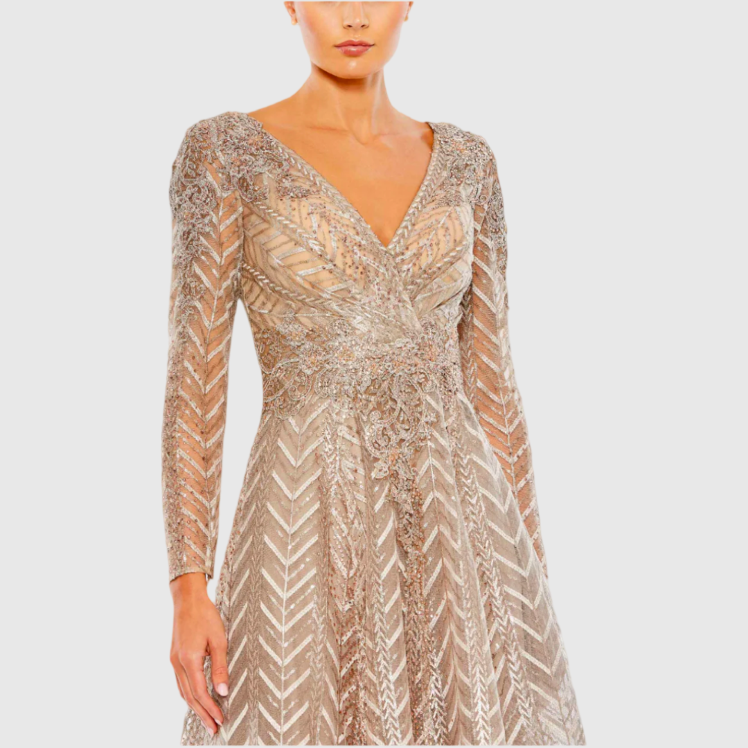 Embellished Long Sleeve Wrap Over Dress, Taupe, 20399