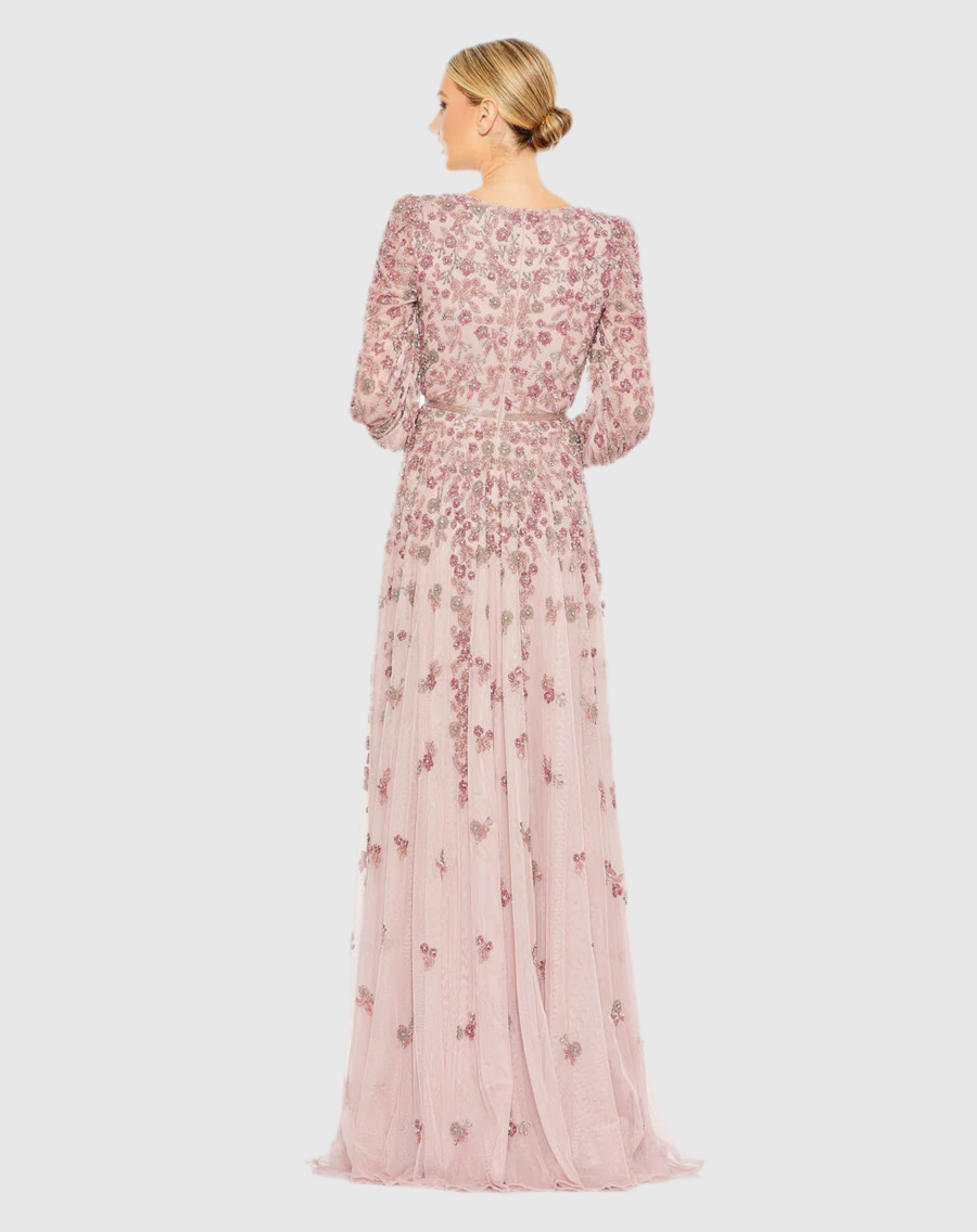 Embellished V Neck 3/4Sleeve A Line Gown, Rose 5497