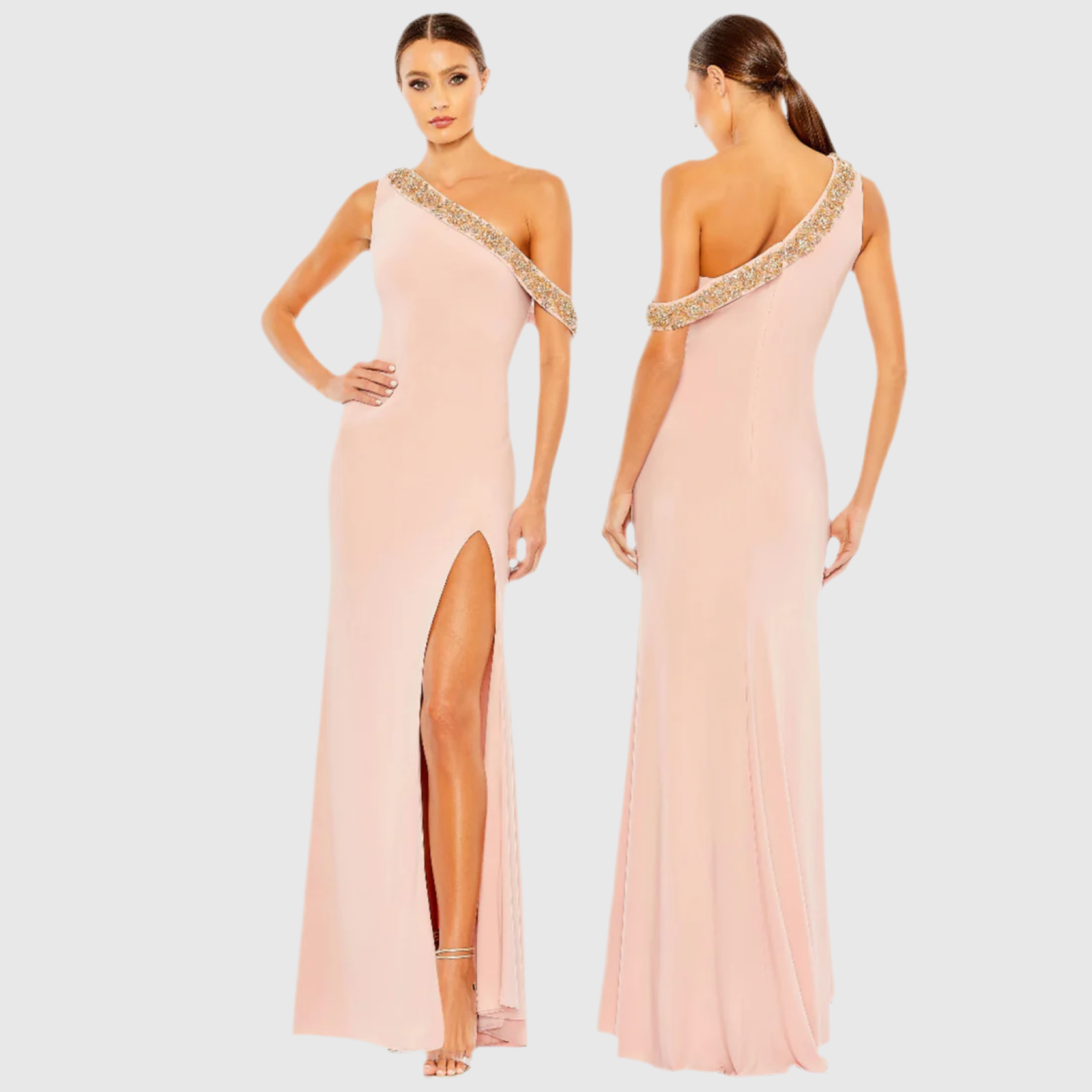 Pink Slit Asymmetric Beaded Neckline Dress 68163