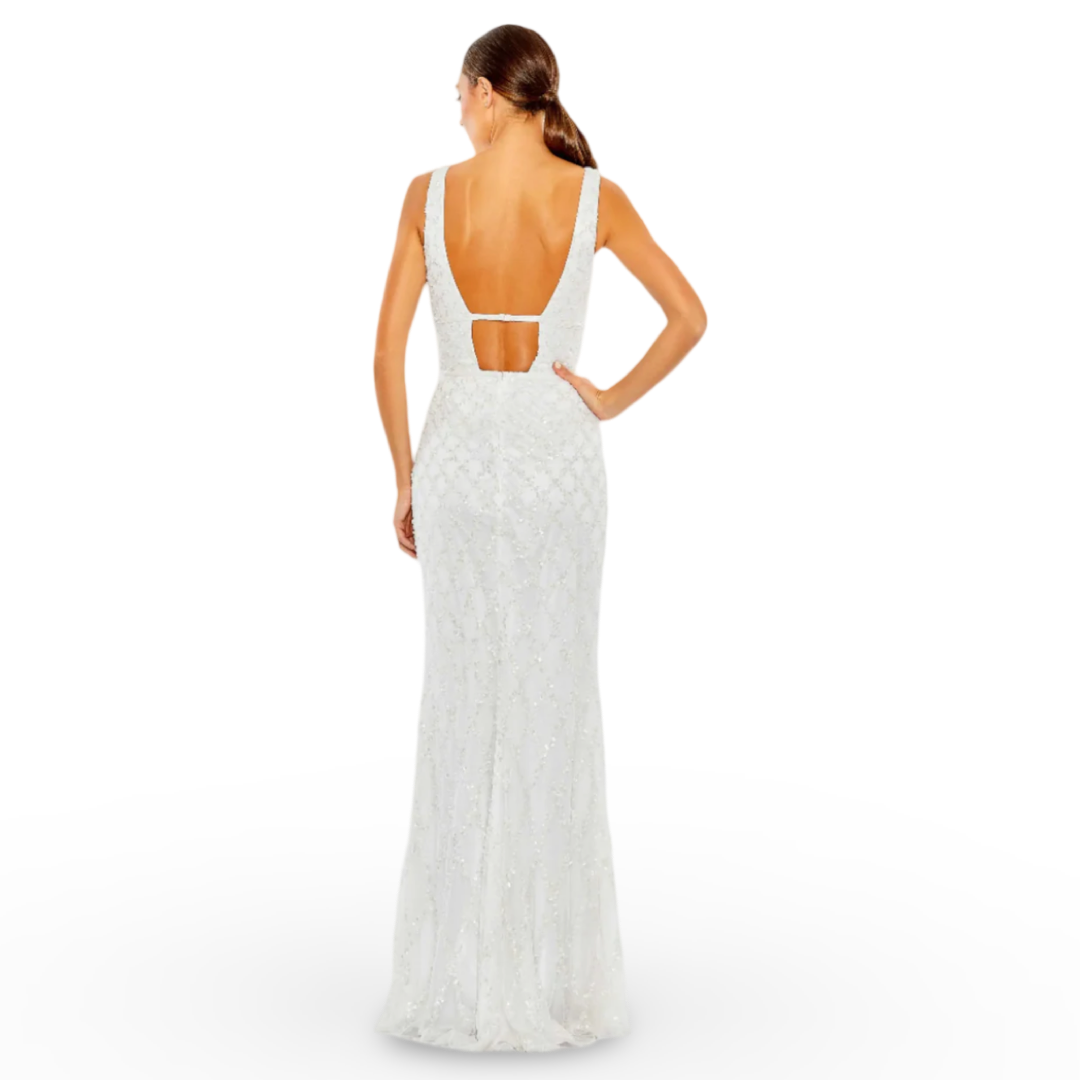 White Sequined Plunge Neck Sleeveless Column Gown White 5669