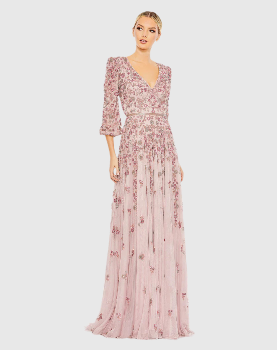 Embellished V Neck 3/4Sleeve A Line Gown, Rose 5497