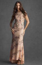 Embellished Bateau Neck Cap Sleeve Floral Beaded Column Gown 5500