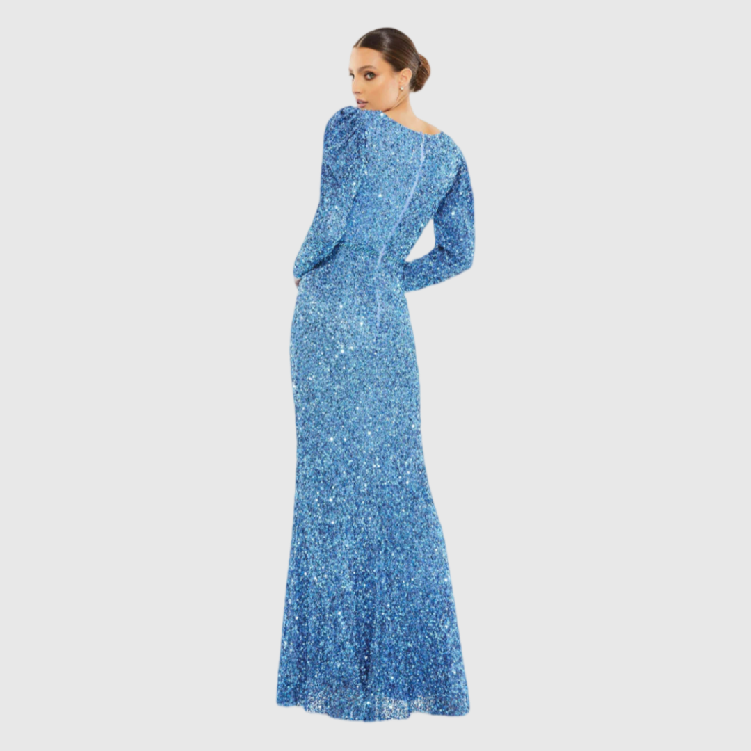 Blue Puff Shoulder Sequined Surplice Gown, 5510 Elle Woulds Blue Puff Shoulder Sequined Surplice Gown, 5510 Elle Woulds