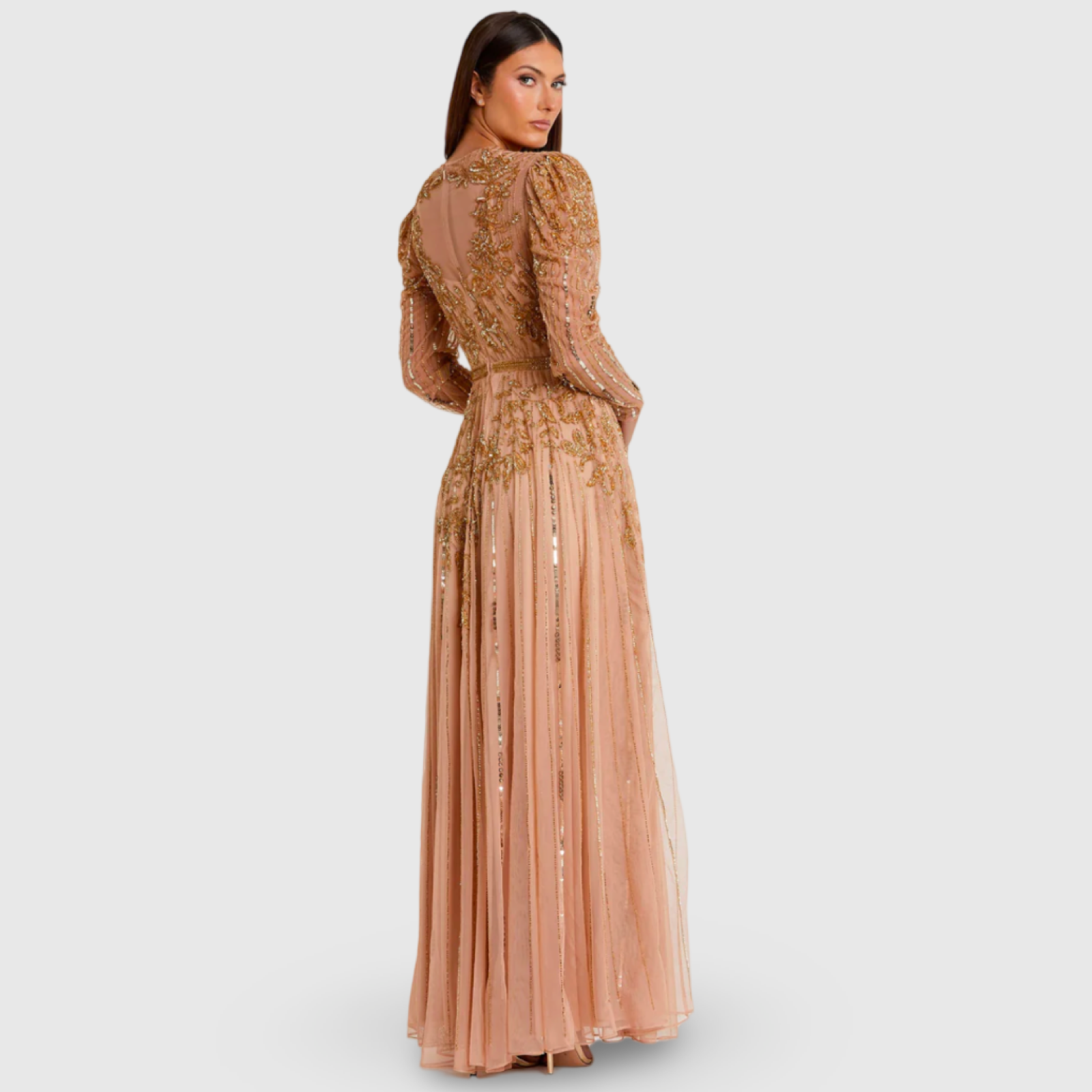 Beaded Illusion Puff Sleeve Gown, 93638