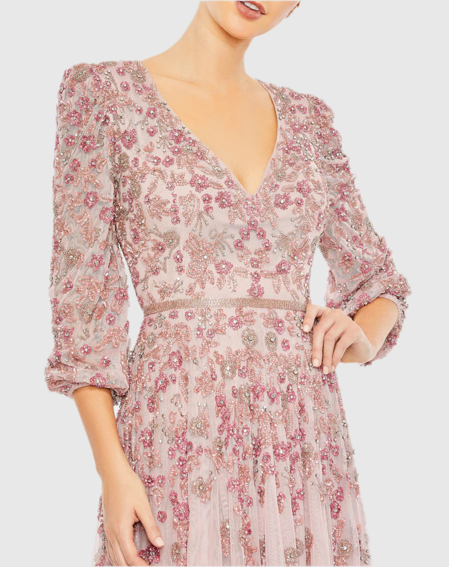 Embellished V Neck 3/4Sleeve A Line Gown, Rose 5497