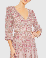 Embellished V Neck 3/4Sleeve A Line Gown, Rose 5497