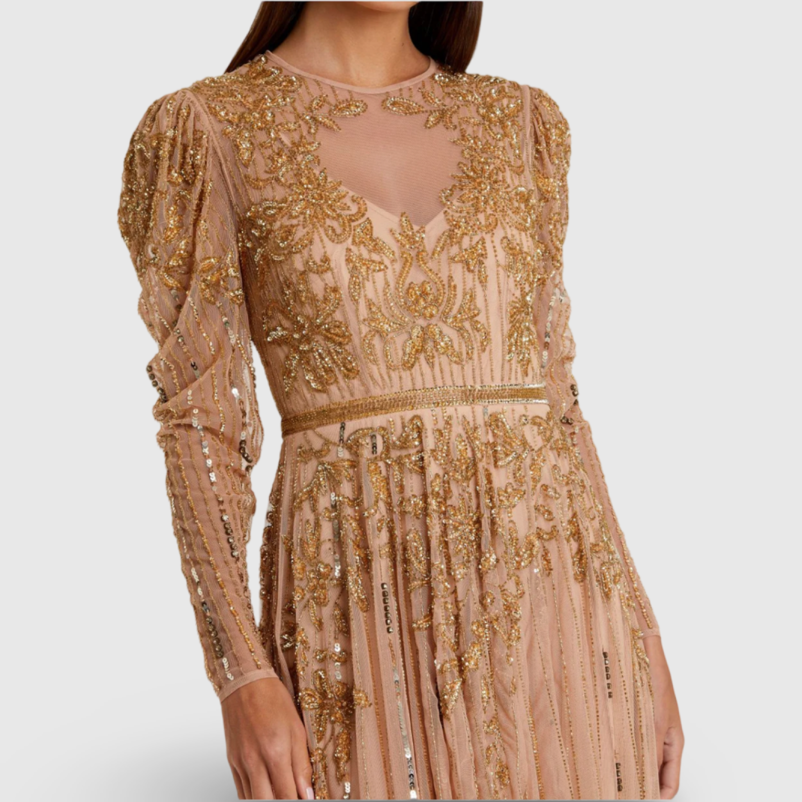 Beaded Illusion Puff Sleeve Gown, 93638