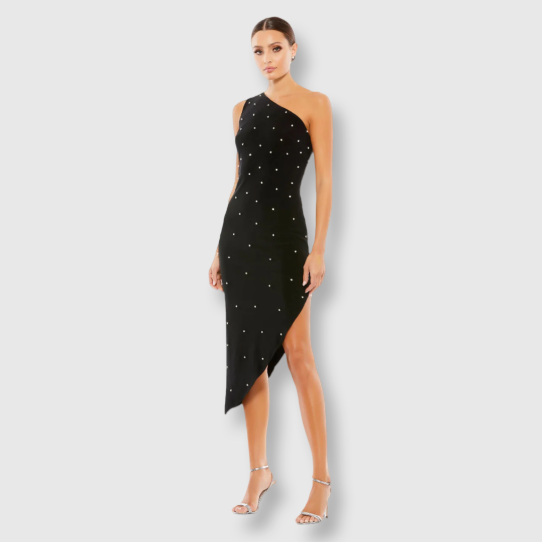 Rhinestone Encrusted One Shoulder Asymmetrical Hem Midi Dress, 55646 – Elle Woulds