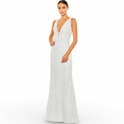 White Sequined Plunge Neck Sleeveless Column Gown White 5669