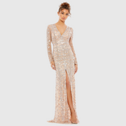 Navy Embellished Front Slit Long Sleeve Gown, 5002