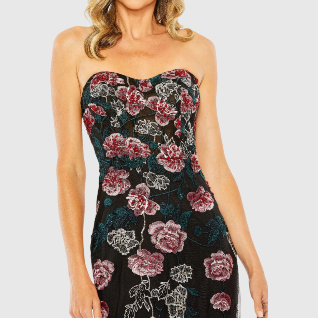 Black Strapless Floral Embroidered Gown, 20581