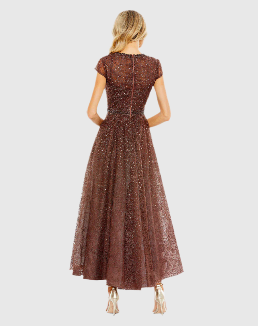 Embellished Cap Sleeve A Line Dress 20371