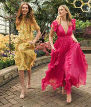 Pink Pleated Ruffle Cap Sleeve Flowy A Line Gown 49539
