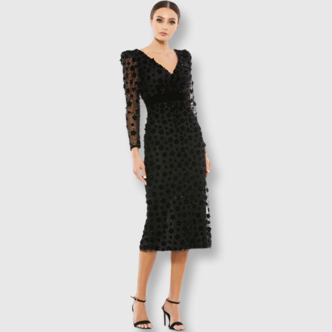 mac duggal long sleeve midi dress Embellished V-Neck Illusion Column Midi, 67856 – Elle Woulds Size:Made to Order ltpd I don't usually post With a polished finish