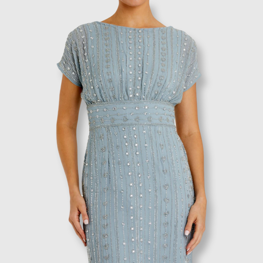 beaded cap sleeve a line midi dress Mac Duggal Women's Beaded Cap Sleeve A Line Midi Dress