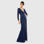 Navy Embellished Front Slit Long Sleeve Gown, 5002