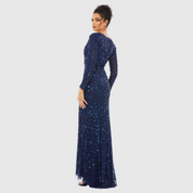 Navy Embellished Front Slit Long Sleeve Gown, 5002