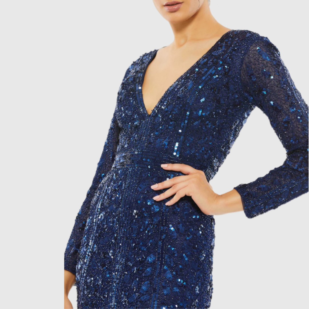 Navy Embellished Front Slit Long Sleeve Gown, 5002
