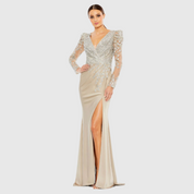 Embellished Faux Wrap Illusion Puff Sleeve Gown, 20346