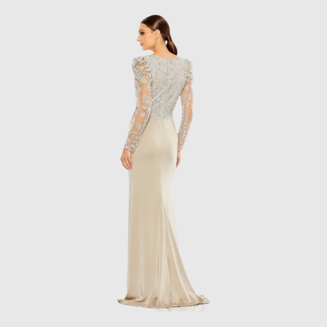 Embellished Faux Wrap Illusion Puff Sleeve Gown, 20346
