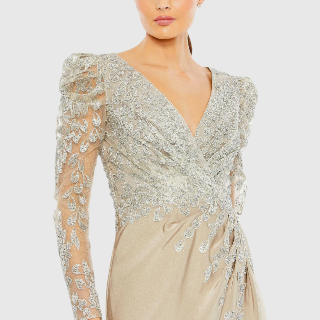 Embellished Faux Wrap Illusion Puff Sleeve Gown, 20346