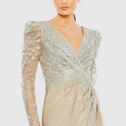 Embellished Faux Wrap Illusion Puff Sleeve Gown, 20346