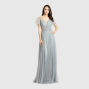 Short Sleeve Sheer Embellished Gown, Sterling, 79219D