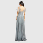Short Sleeve Sheer Embellished Gown, Sterling, 79219D