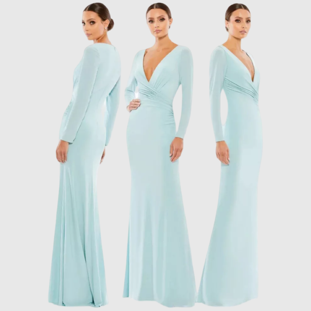 Long Sleeve Ruched Jersey V-Neck Gown, 26573