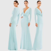Long Sleeve Ruched Jersey V-Neck Gown, 26573