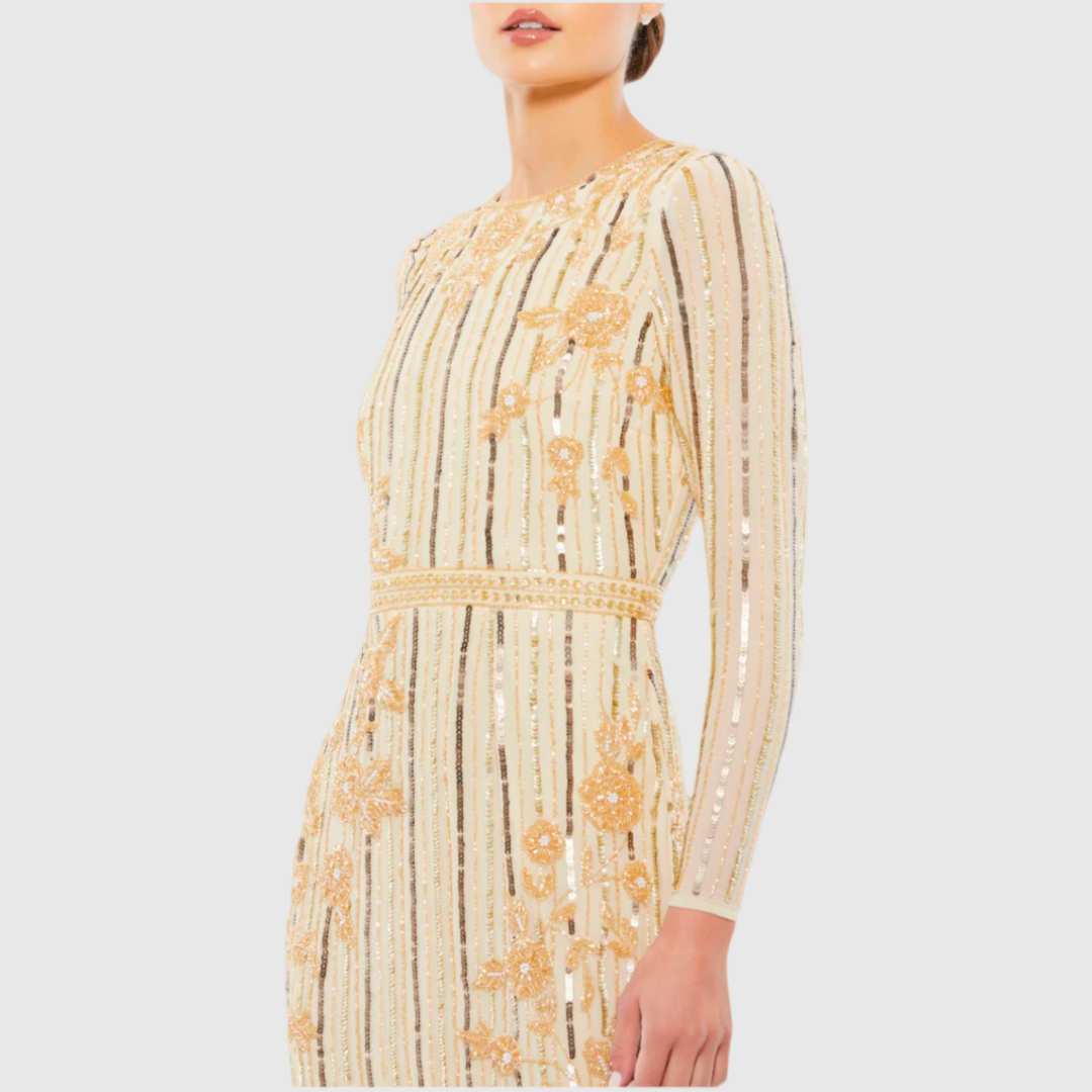 Long Sleeve Embellished Tea Length Dress, 93627
