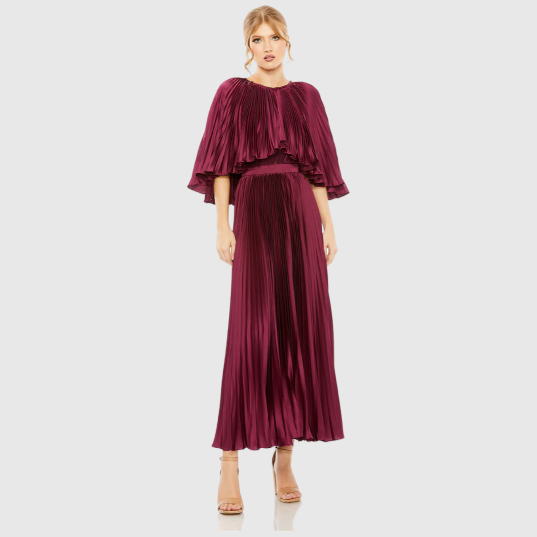 Pleated Caplet Tea Length Dress 49638 Raspberry