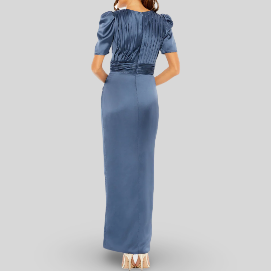 Puff Sleeve Pleated Bodice Draped Gown, 27014