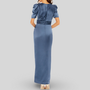 Puff Sleeve Pleated Bodice Draped Gown, 27014