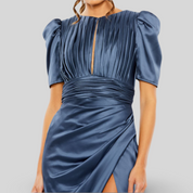 Puff Sleeve Pleated Bodice Draped Gown, 27014