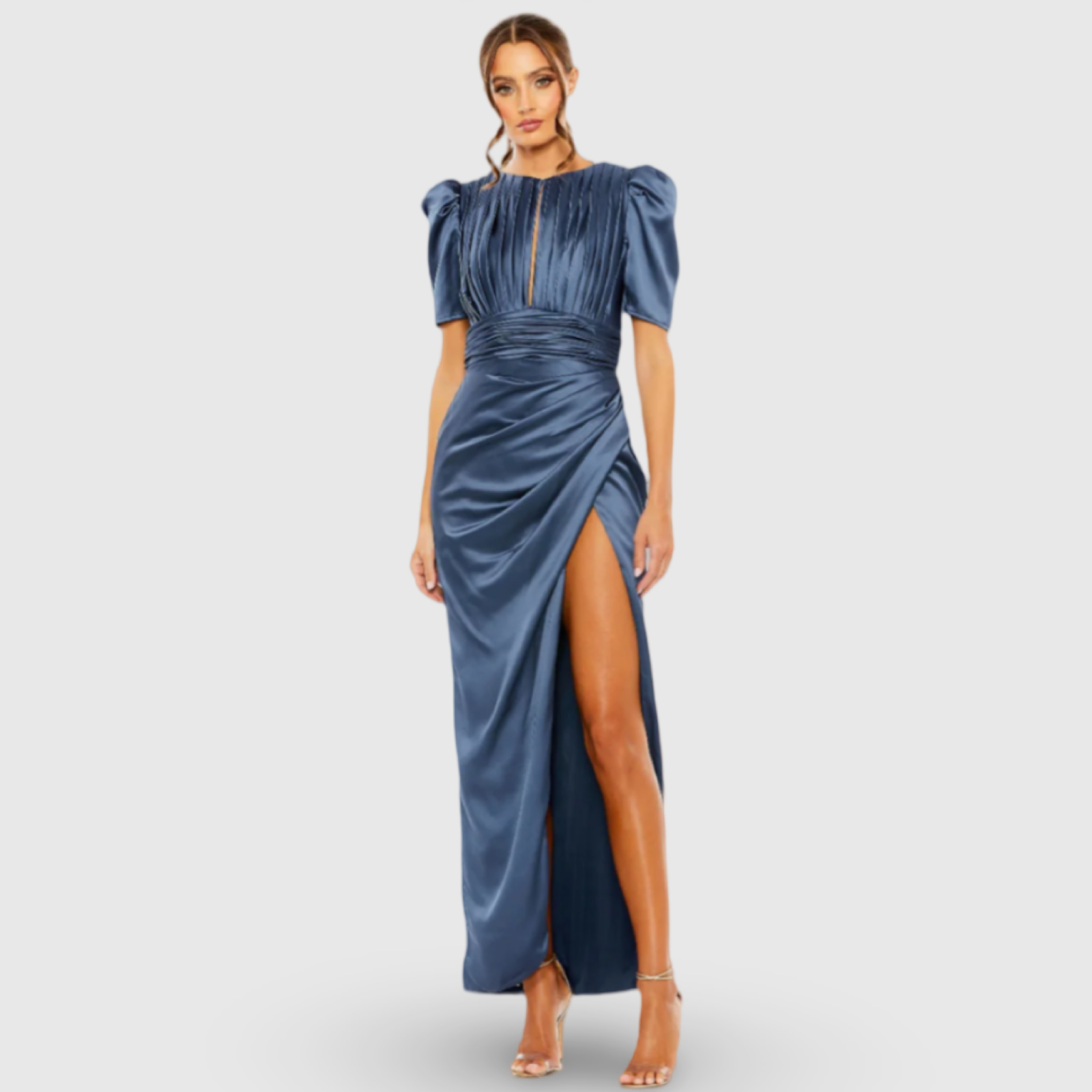 Puff Sleeve Pleated Bodice Draped Gown, 27014