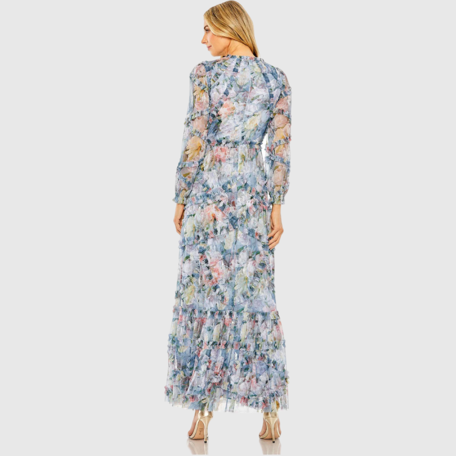 Blue Floral Long Sleeve High Neck Ruffle Detail Gown, 8098
