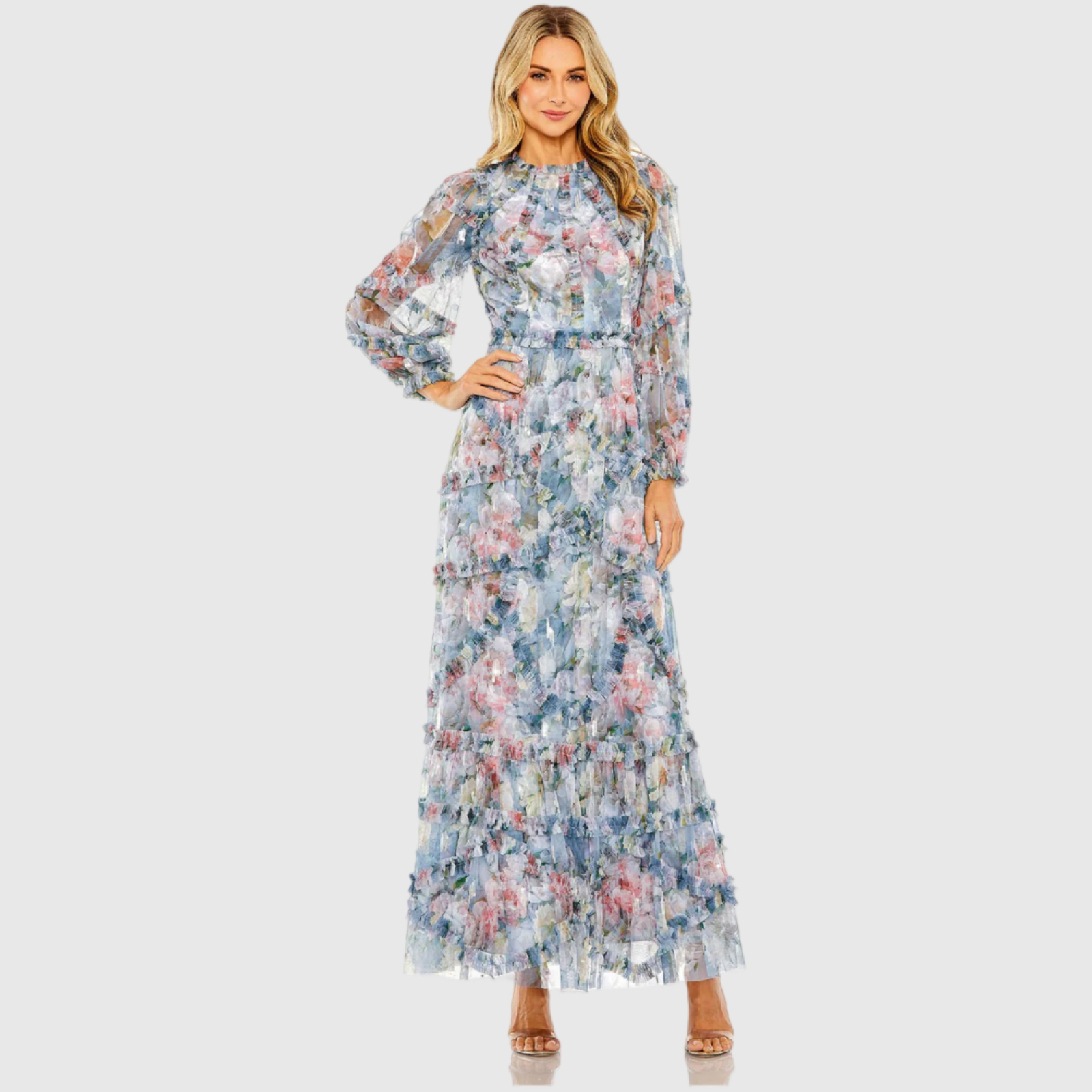 Blue Floral Long Sleeve High Neck Ruffle Detail Gown, 8098