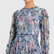 Blue Floral Long Sleeve High Neck Ruffle Detail Gown, 8098