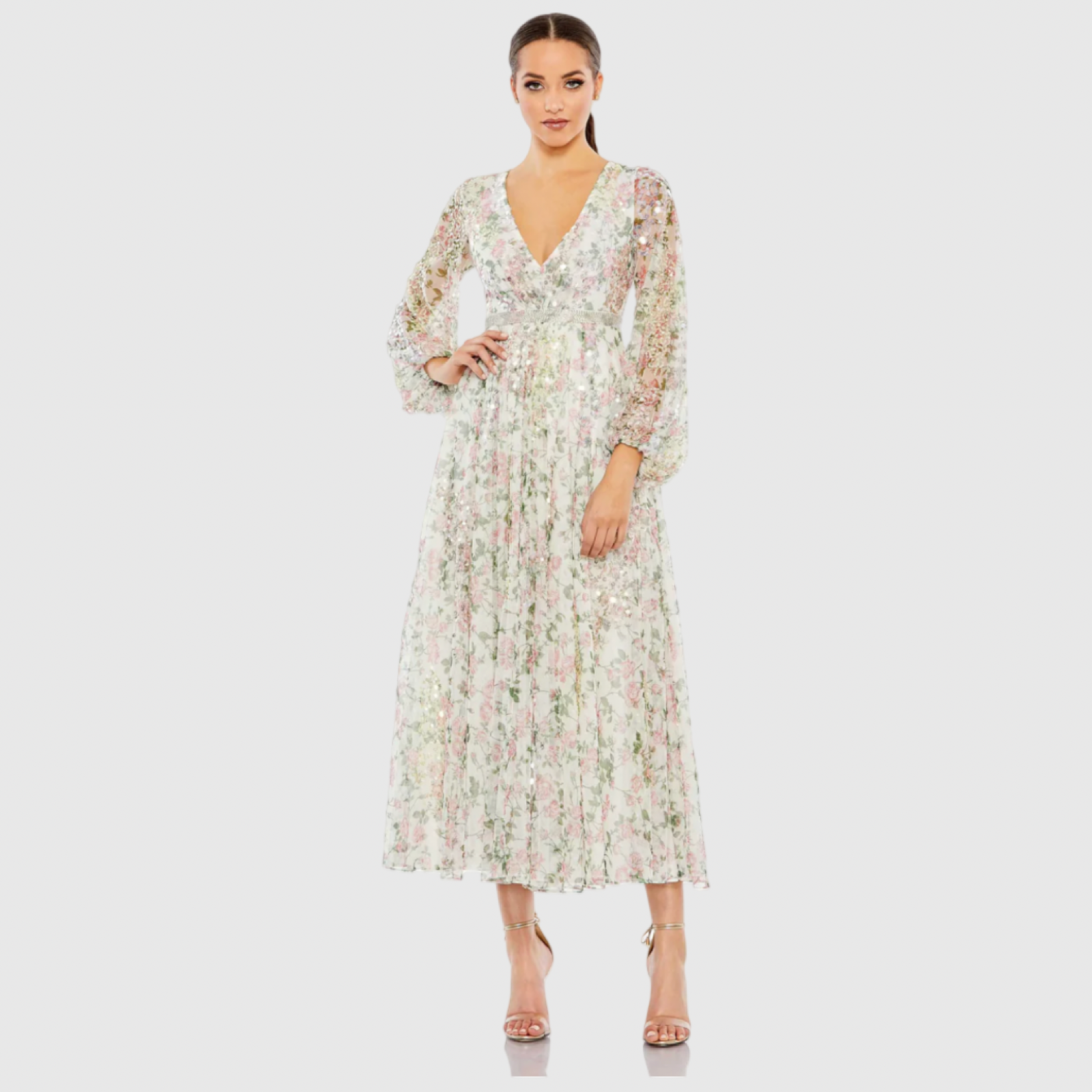 White Embellished Floral Print Faux Wrap A Line Dress 93788