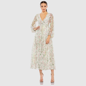 White Embellished Floral Print Faux Wrap A Line Dress 93788