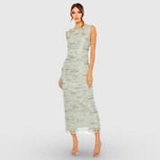 Green Sleeveless Crystal Fringe Column Dress 93834
