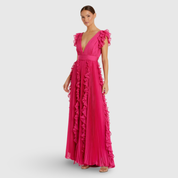 Pink Pleated Ruffle Cap Sleeve Flowy A Line Gown 49539