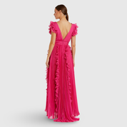 Pink Pleated Ruffle Cap Sleeve Flowy A Line Gown 49539