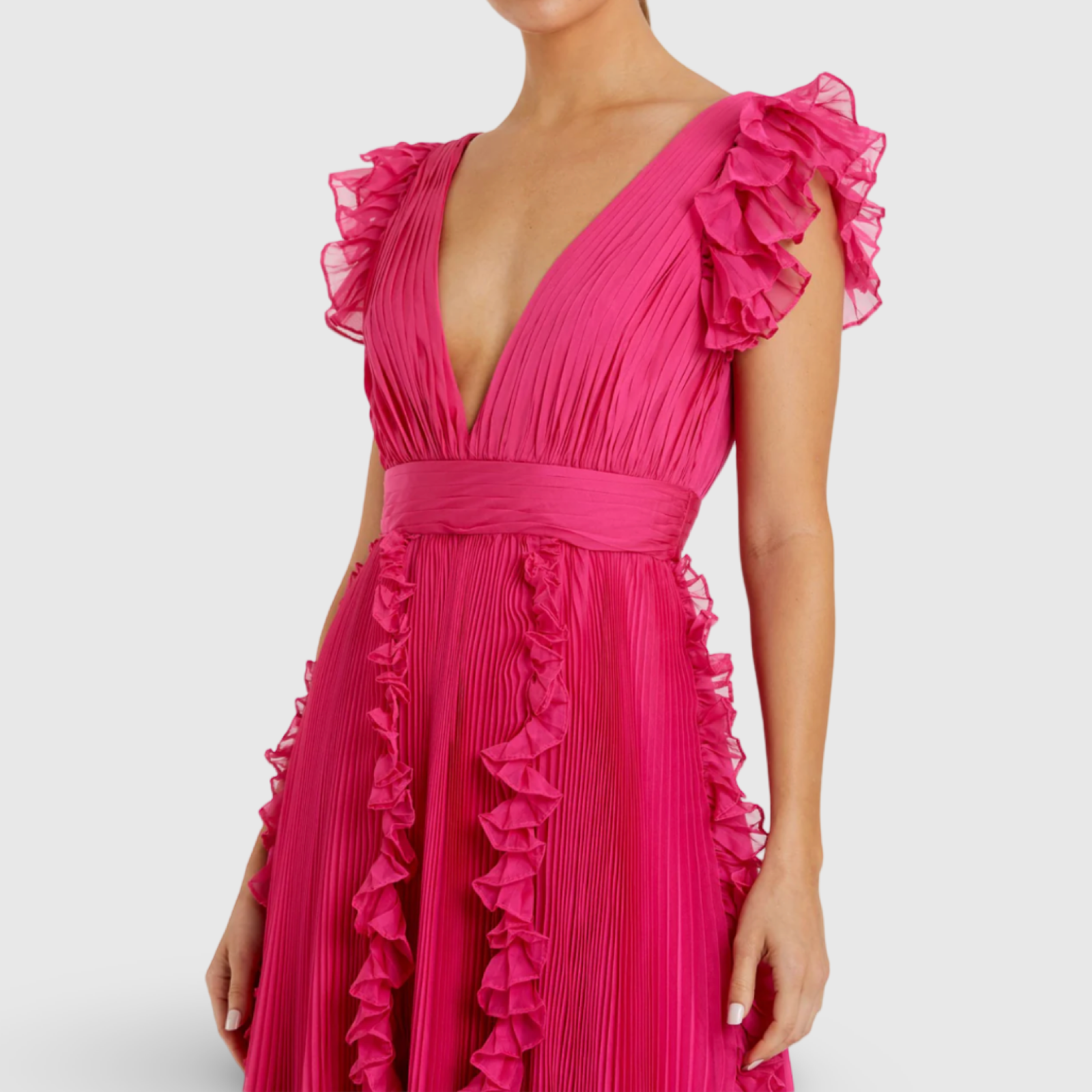 Pink Pleated Ruffle Cap Sleeve Flowy A Line Gown 49539